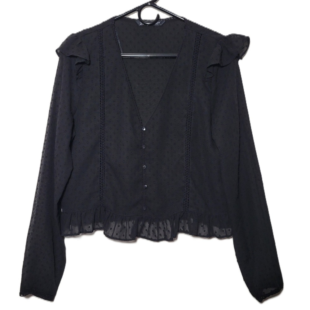 ZARA‎ Black Ruffle Swiss Dot V-Neck Button Up Long Sleeve Blouse Top L Baby Doll